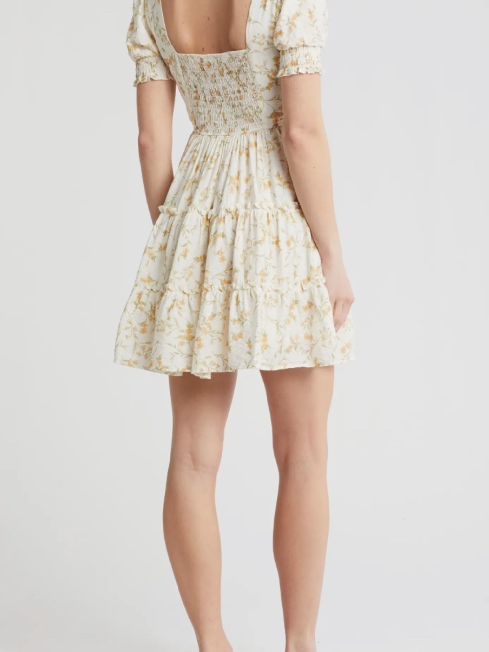 MINE Floral Puff Sleeve Tiered Mini Dress Cream Yellow Smocked Waist M NWT